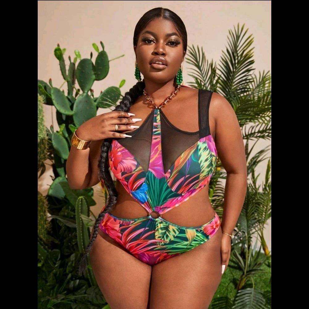 SHEIN Multi Tropical Cutout One-Piece Swimsuit